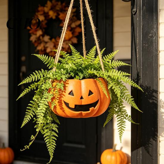 Decorative Plant Container for Bookshelf Pumpkin Shaped Hanging Pot, 4.3 Inch Lightweight Resin Flower Adjustable Modern Holder Rope Mini Pots Indoor