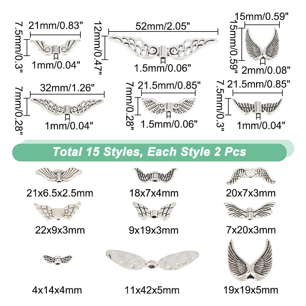 1box 30pcs 15 styles style Alloy Beads Wings Antique Silver 7~22x6.5~42x2.5~5mm Hole: 1~2mm 2pcs/style