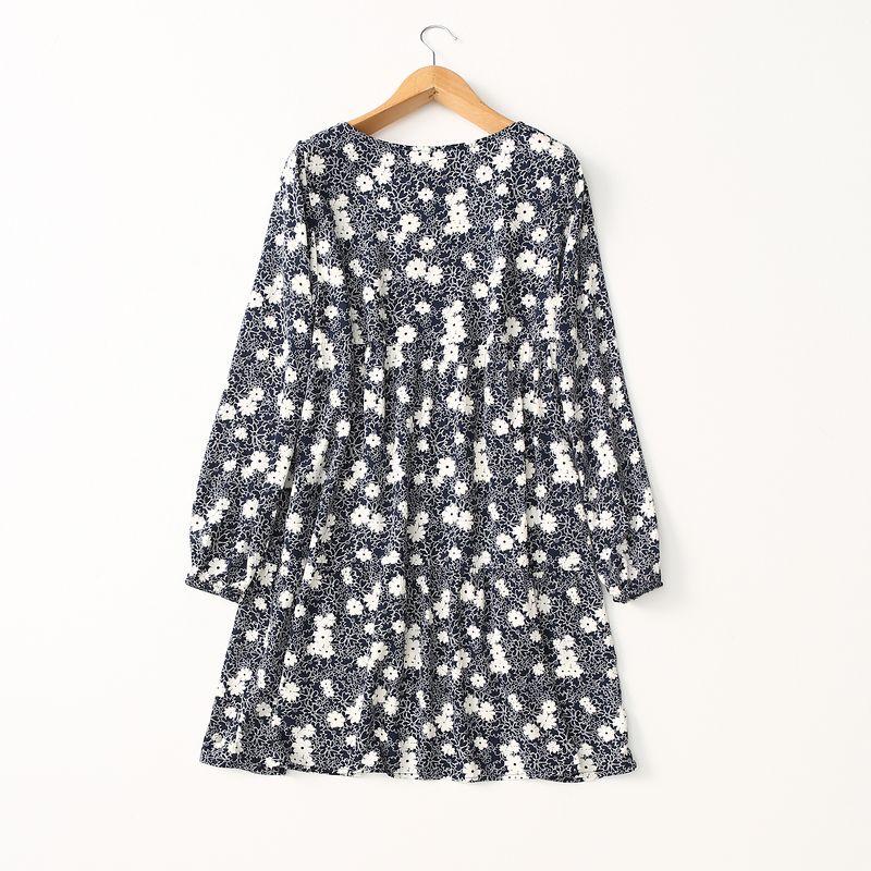 Export Export Chinese Style Blue and White Porcelain Printed V Neck Noil Poplin Dress Women's Summer Thin Long Sleeves Rayon Tourism