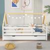 Children's Bed Fliek House Bed 200x90cm with Fall Protection and Slatted Frame, Daybed with Rollers Underneath for Girls & Boys, White+Natural-colored