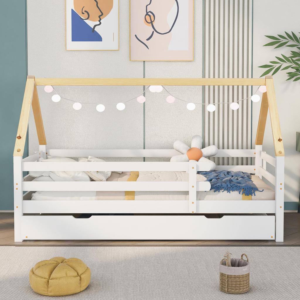 Children's Bed Fliek House Bed 200x90cm with Fall Protection and Slatted Frame, Daybed with Rollers Underneath for Girls & Boys, White+Natural-colored