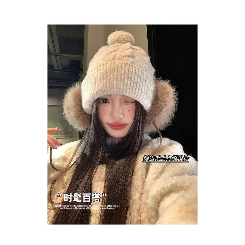 Women S Korean Style Large Head Warm Knit Hat Ear Protection Sweet Winter Hat