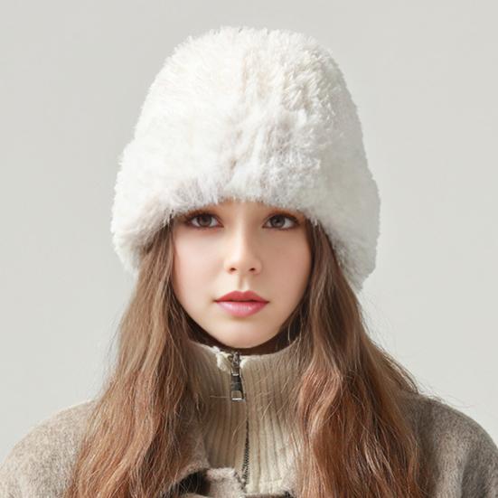 Women Winter Hat Fuzzy Faux Fur Brimless Solid Color Dome Windproof Warmth Sun Protection Knitted Cap Outdoor Travel Headwear
