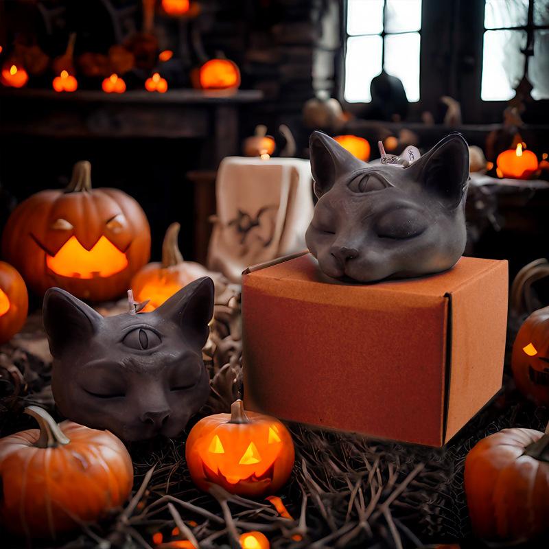 Трехглазый кот Круглая бусина Трехмерная кошачья голова Домашнее украшение Хэллоуин Ароматическая свеча для создания атмосферы