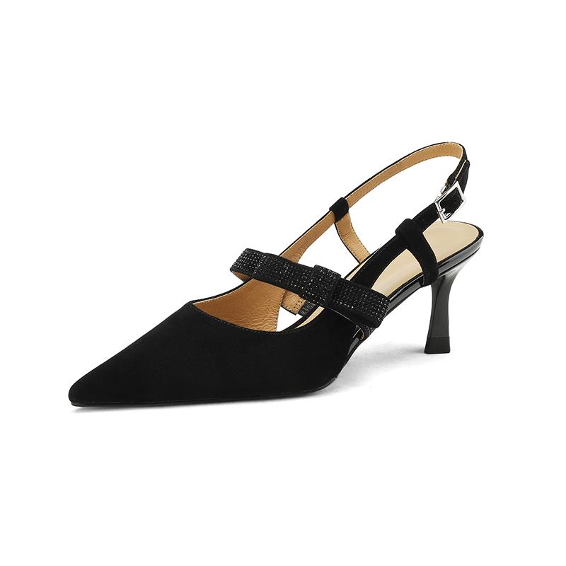 Spring Summer Women Pumps Elegant Fashion Party Office Rhinestone Sandals Pointed Toe Thick Heels Genuine Leather Shoes Woman