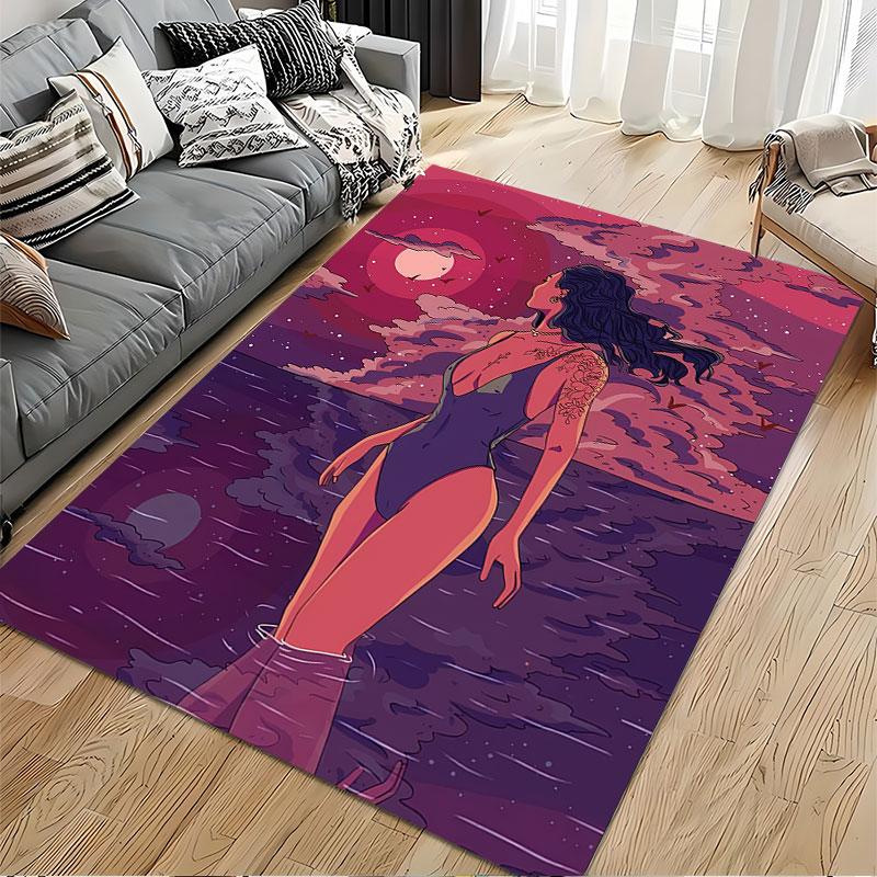 Woman Standing in Sunset Water suitable as a non-slip mat for the living room or bedroom sofa