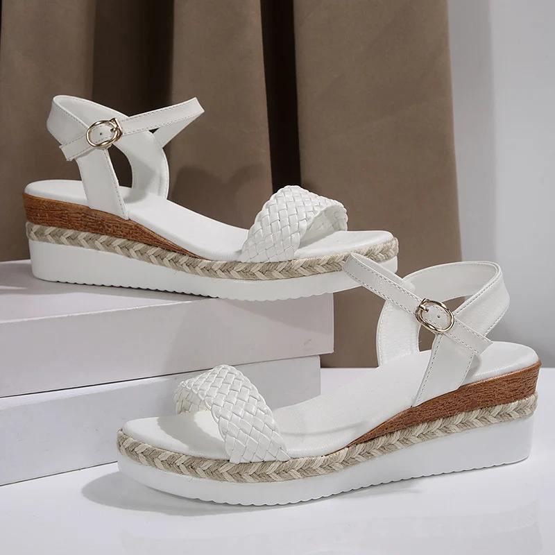 Модная летняя обувь на танкетке, женские туфли на каблуке, плетеные сандалии, женская обувь 2025, платформа, толстая подошва, повседневные сандалии, женская обувь, легкая, больших размеров, римская обувь
