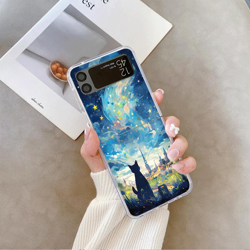 Чехол для телефона Samsung Galaxy Z Flip 7 Flip 6 5 4 3 5G с изображением черного кота и звездного неба, масляная живопись, складная крышка для Z Flip7 Flip5 Fundas