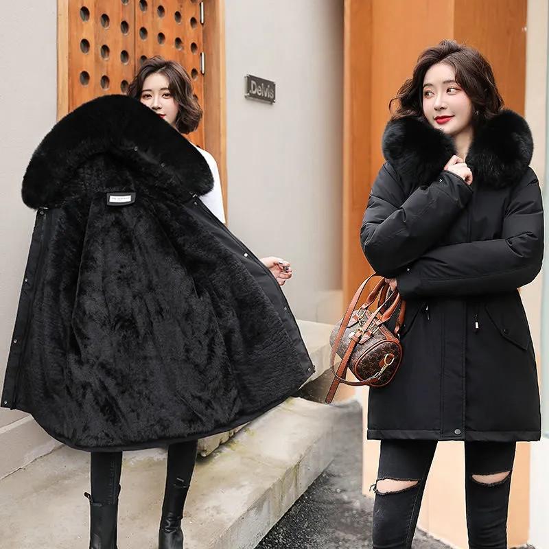 Women's Winter Plus Velvet Jacket Mid-length Korean Version of The Loose Big Fur Collar Fashion Thick Cotton Jacket