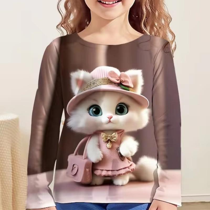 Детская одежда Футболки с рисунком кота для девочек в 3D Детская одежда для девочек с круглым вырезом Подростковая детская одежда Модная детская футболка