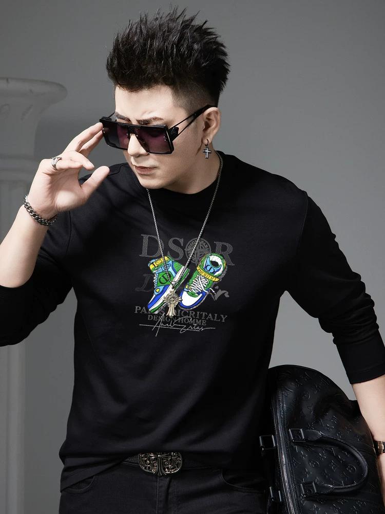 European Style Trendy Letter Print Long-Sleeve T-Shirt for Men 2025 Autumn New Round Neck Casual Top Men's T-Shirt