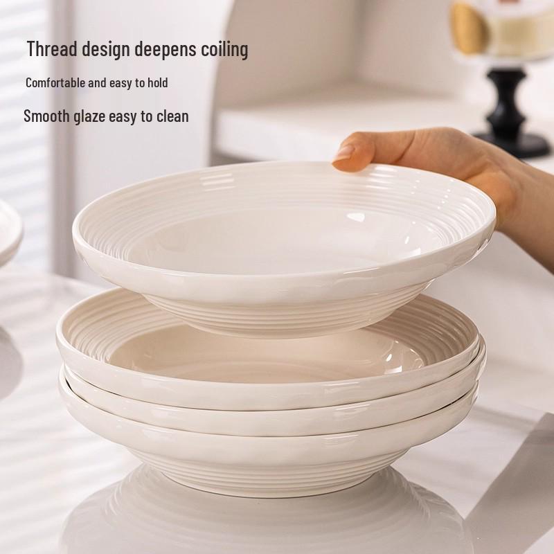Ribbed Underglaze White Ceramic Tableware Set: Includes Plates, Chopsticks, Soup, Noodle, and Rice Bowls