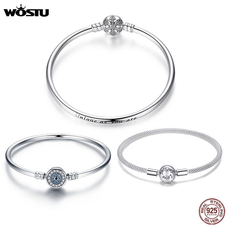 WOSTU 100% Серебро 925 Пробы Оригинальные Браслеты Снежинка Голубые Глаза Циркон Цепочка Подходят для Женского Браслета и Браслета-Манжеты Роскошные Украшения