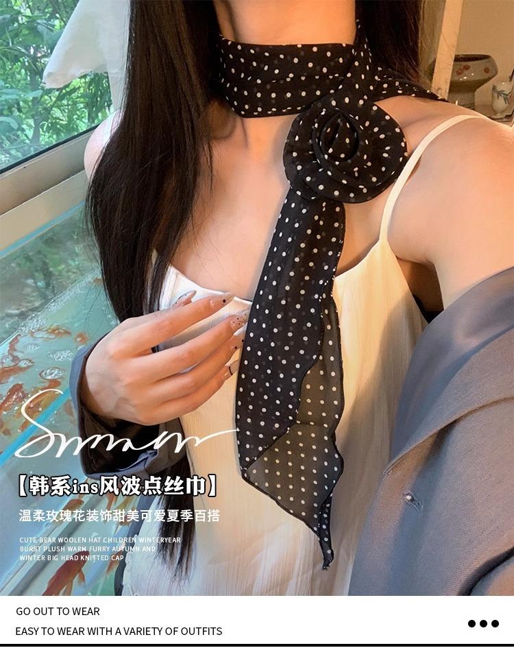 Korean version of black long polka dot rose silk scarf spring and summer thin atmosphere versatile niche scarf scarf scarf scarf