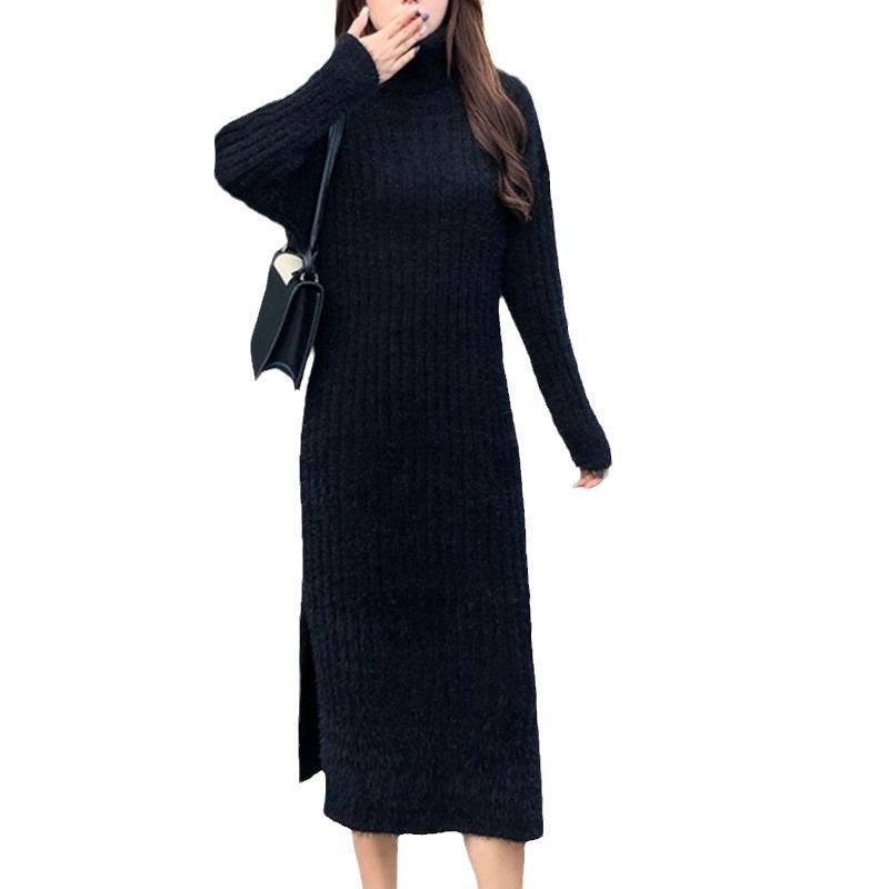 Autumn and Winter New Imitation Mink Turtleneck Pullover Fashion Temperament Knitted Bottoming Skirt Long Split Dress Women