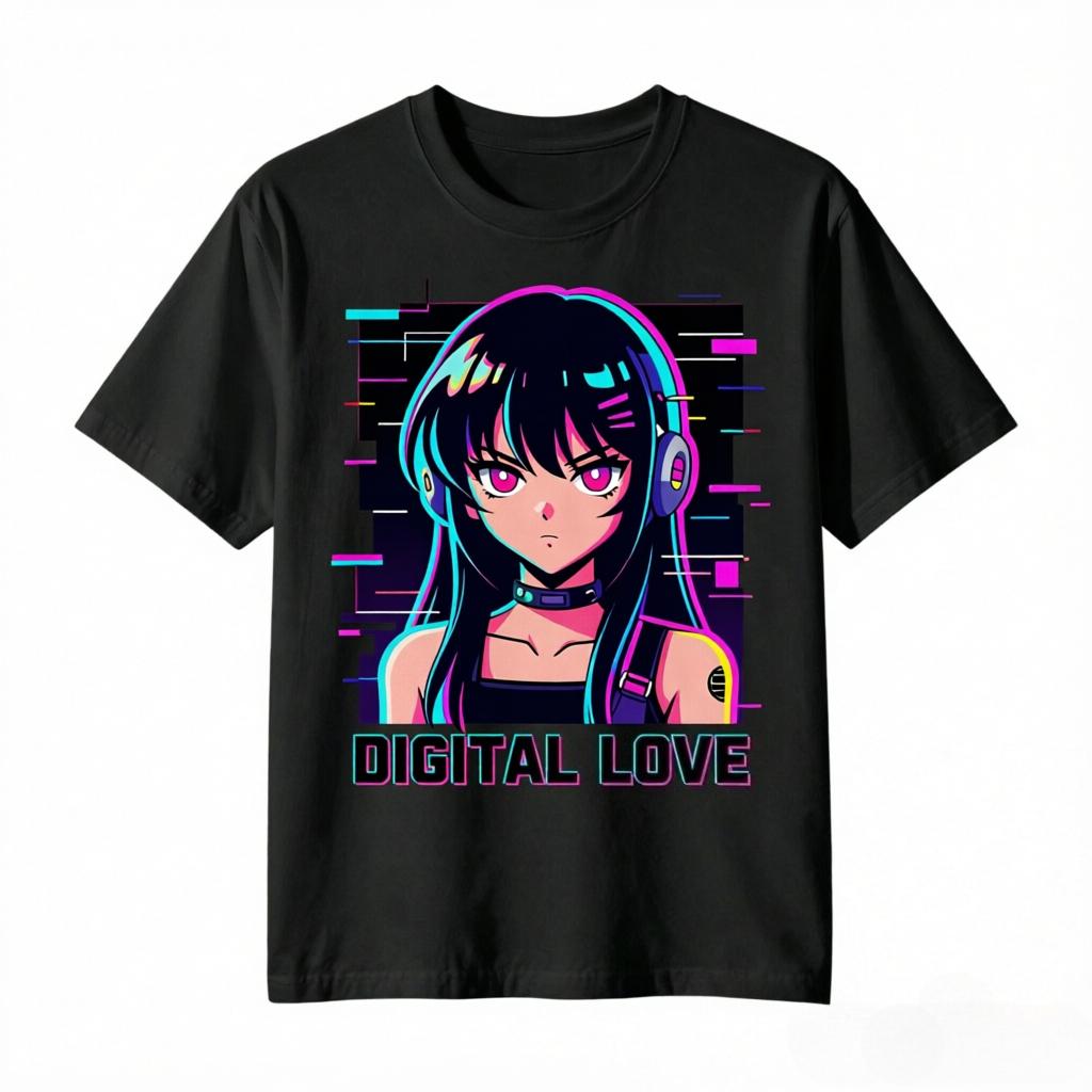 Retro 90s Anime Vaporwave Headphone Girl Digital Love Graphic TShirt Unisex Unisex Synthwave Anime Fan Cotton Tee Short Sleeve Tops