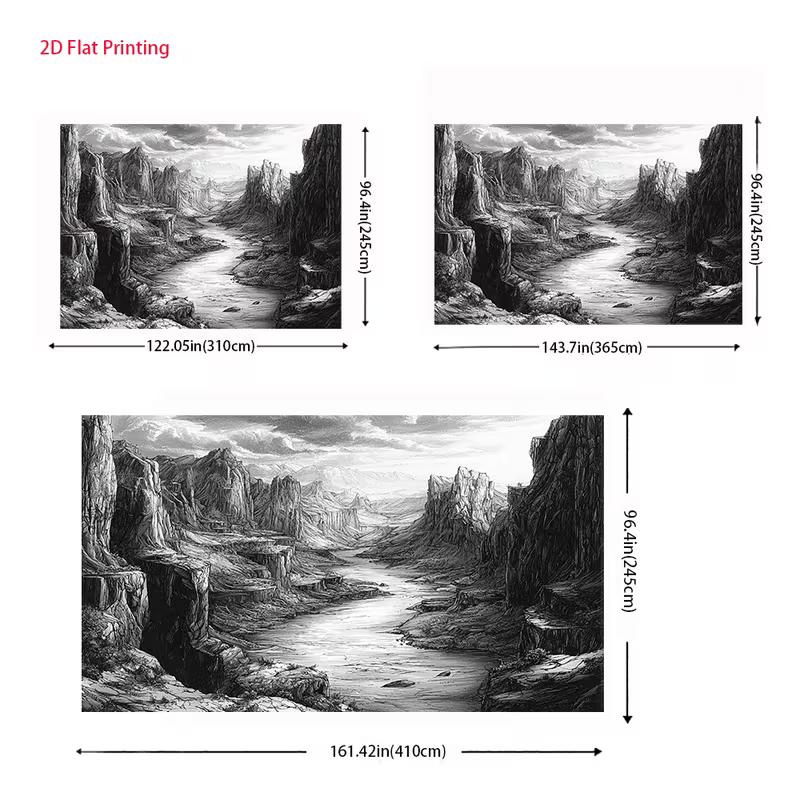 2D Monochrome River Canyon Backdrop Pencil Sketch Style Photography Background Cloth