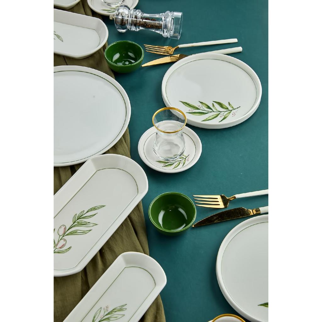 Botanical Green Camellia Leaf Patterned Luxury Ceramic 14 Piece Breakfast Set For 6 Persons