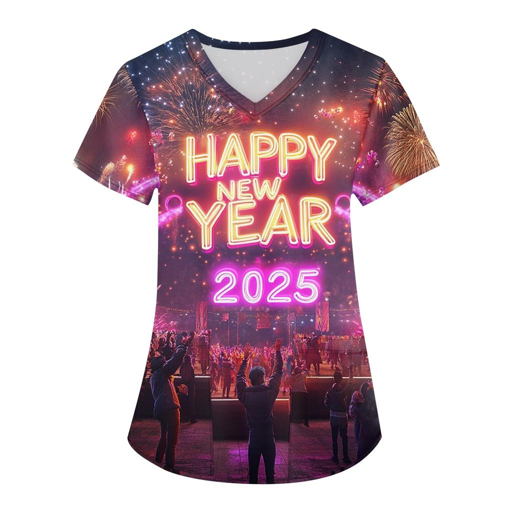 Women's Fashion V-neck Short Sleeve Workwear With Pockets  Printed Tops