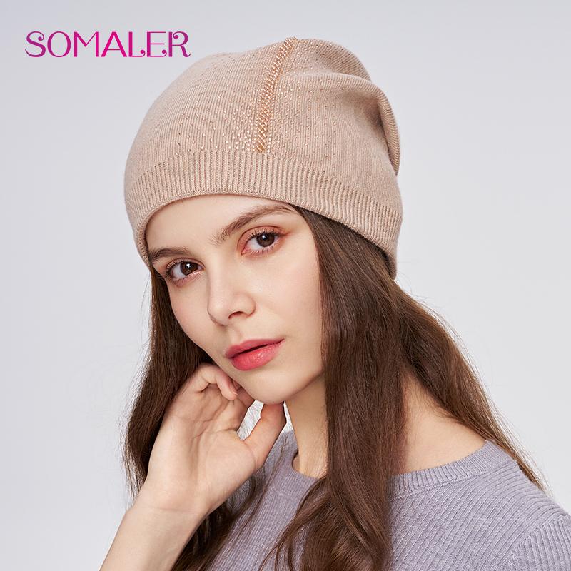 SOMALER Зимняя шапка-бини для женщин, высококачественные вязаные шерстяные шапки-бини со стразами, толстые, теплые, двухслойные, уличные шапки-боне