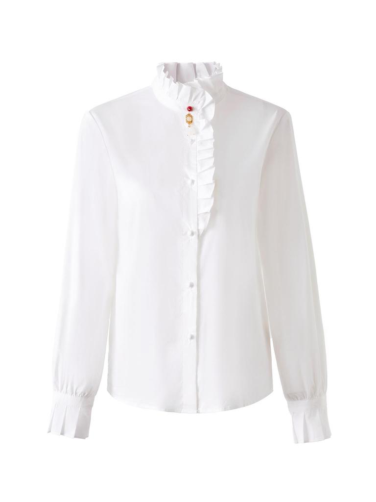 Women's Pure Cotton French Ruffle Trim Shirt - Spring Top with Micro Flare Long Sleeves
