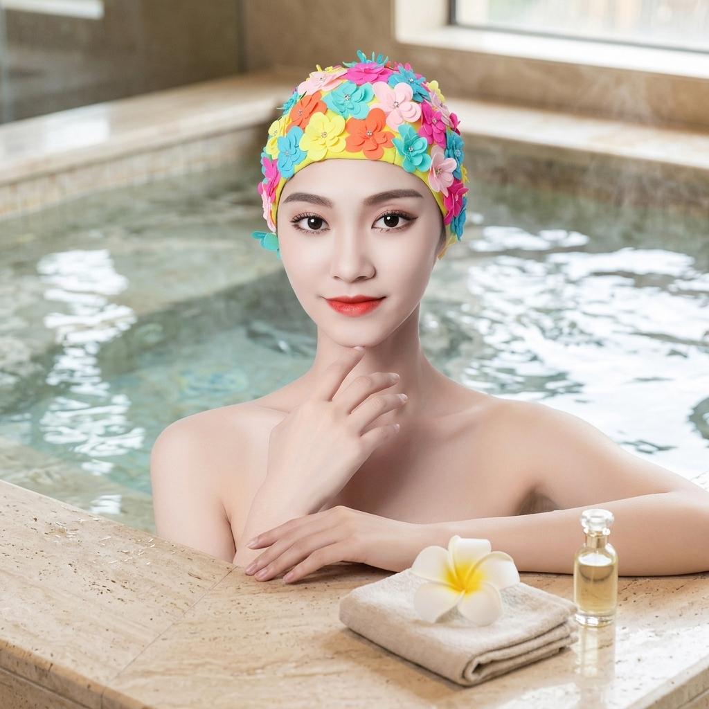 Women Diamond-Pattern Swim Cap Hand-made 3D Sewing for Hot Spring Swimming