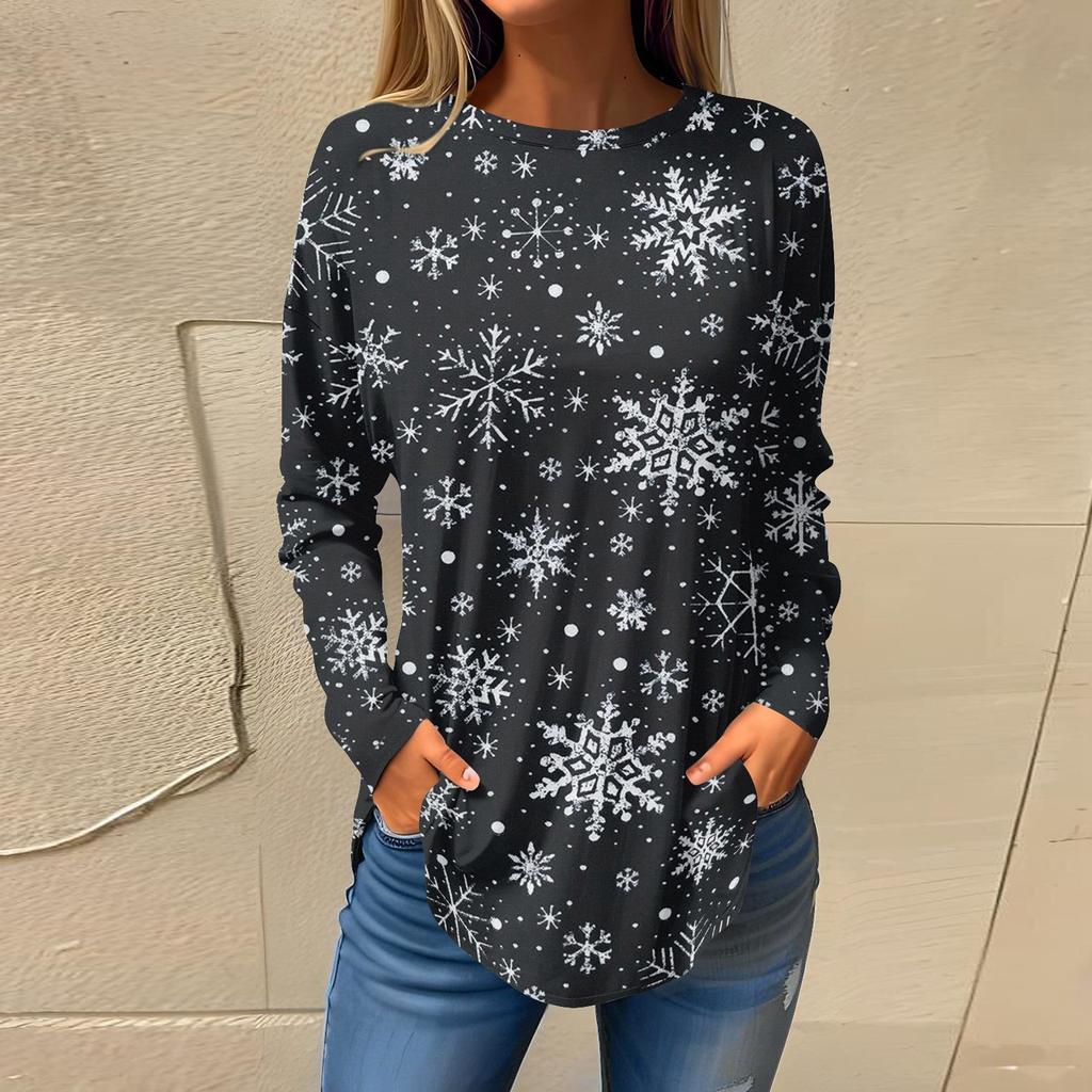 Футболки для женщин, осенние повседневные рубашки с длинным рукавом, толстовки с винтажным графическим принтом, топы, пуловеры, рождественские