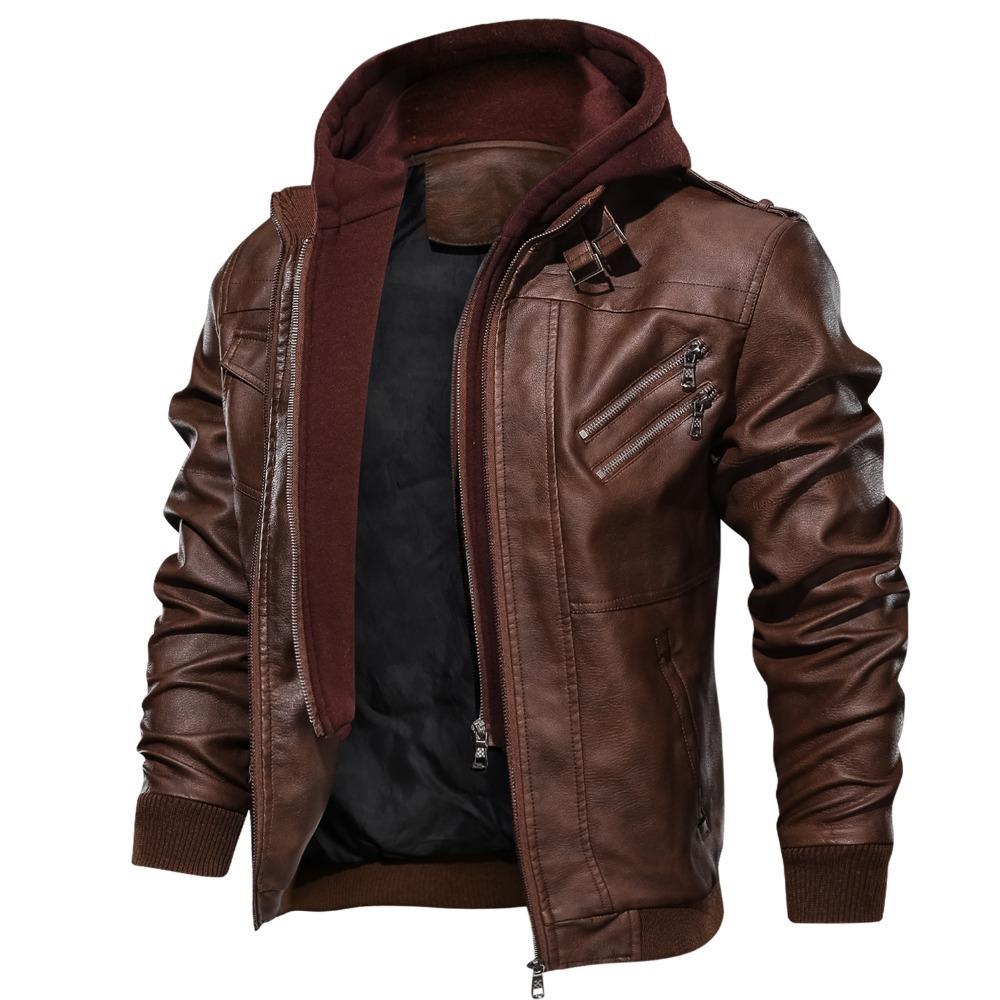 Men's Fall/Winter Double-Decker Trend Locomotive Casual Leather Jacket Hooded Coat Large Size