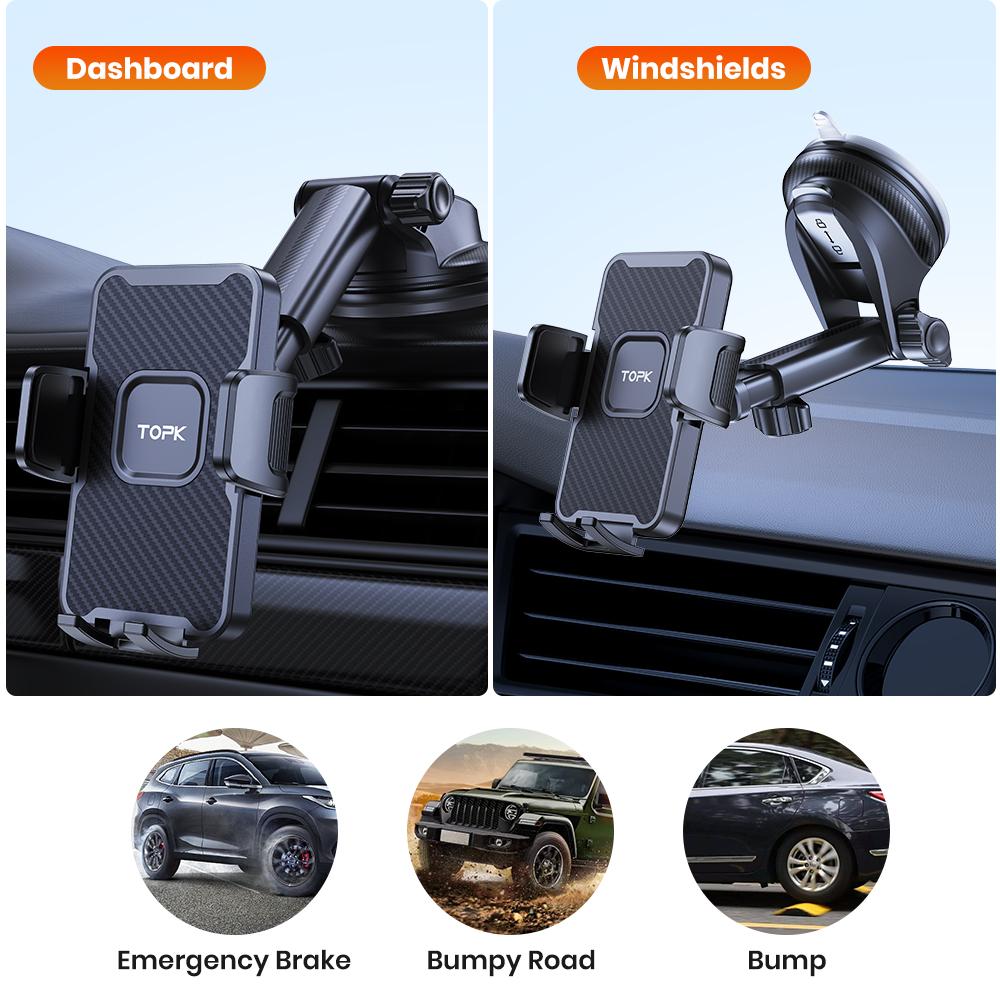 TOPK Suction Cup Cell Phone Car Phone Holder Mount - 360° Rotation Super Stable One Button Release Holder for All Phones