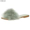 Mules Slippers Women Fashion Square Toe Furry Flat Shoes Office Ladies Slides Flats Green White Pink Ytmtloy Zapatillas Mujer