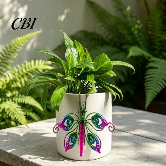 Stained Glass Style Dragonfly Decor Butterfly/Dragonfly Decorations for Flower Pots, Metal And Painted Hanging Dynamic Kinetic Garden Sculptures