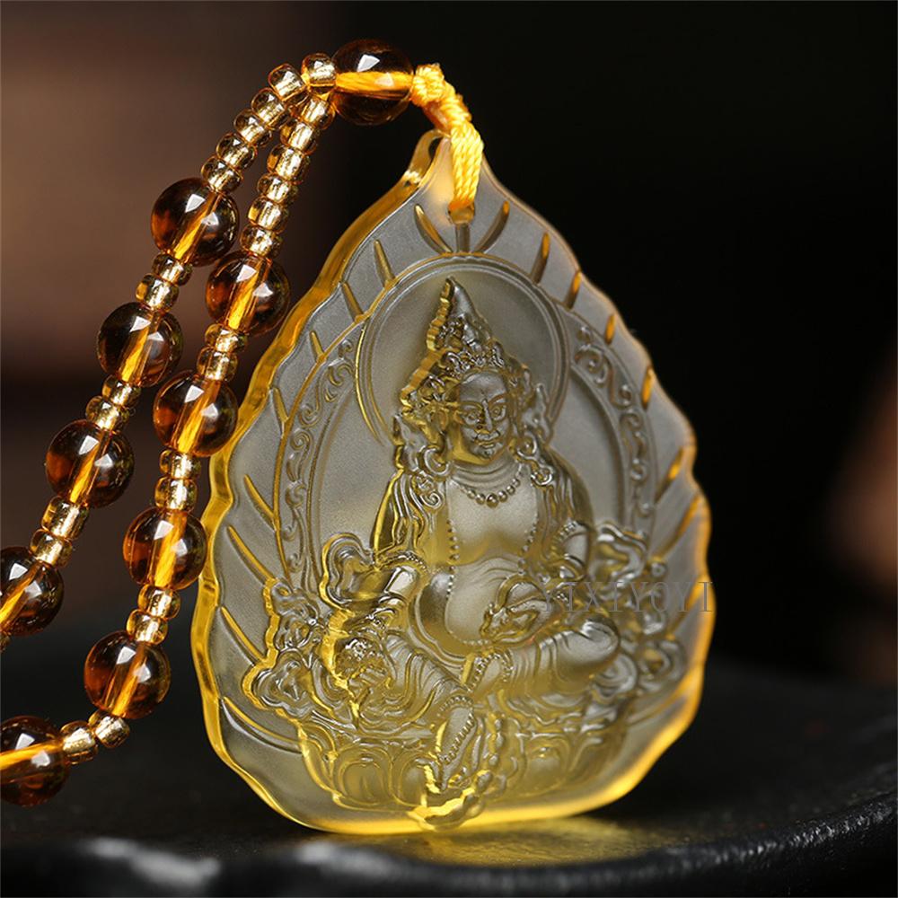 Charm Topaz Hand Carved Chinese God of Wealth Lucky Pendant Ice Yellow Crystal Necklaces Jewelry for Women Man Trendy Gift