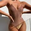Underwire Spaghetti Strap Women Monokini Deep V-neck Shiny Solid Color Sling