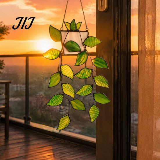 Light Refracting Plant Decoration Painted Green Leaf Window Sun Catcher for Balcony, Acrylic Faux Indoor Hanging Decorations Decor, Lightweight