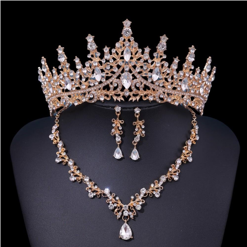 3 Pcs Shiny Bride Jewelry Sets Metal Necklace Earrings and Crown Sets Dress Accessories