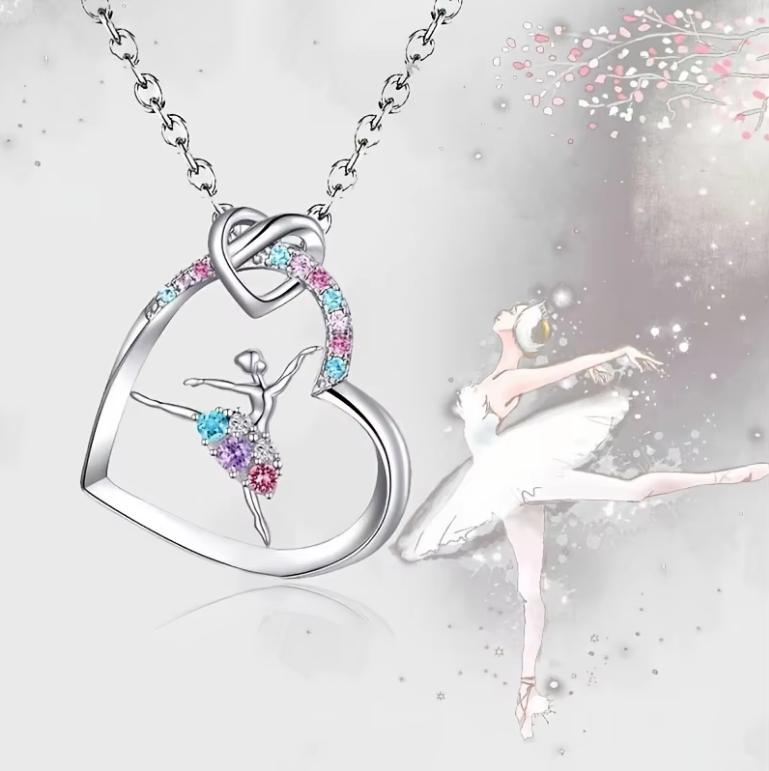 Colorful Crystal Ballerina Heart Jewelry Hollow Dancer Pendant Necklace Adjustable Bracelet 2Pcs Ballet Girl Gift Jewelry Kit