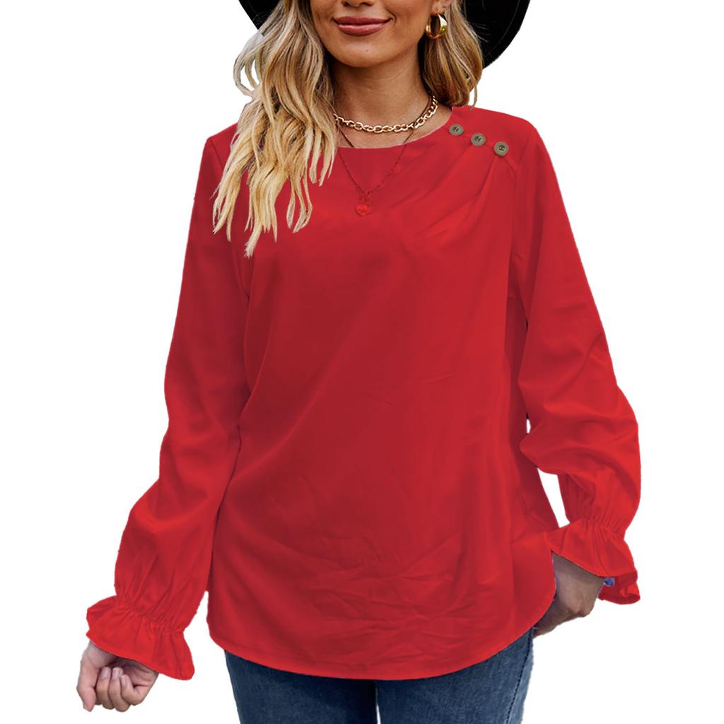 GMXIA Женская осенняя футболка с круглым вырезом и длинными рукавами, однотонная, на пуговицах, свободный женский топ