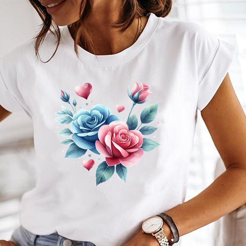 (Asian Size) Clothing Ladies Flower Trend 90s Lovely Casual Women Tee Top Short Sleeve T Shirt Fashion Print Lady Female Graphic T-shirts