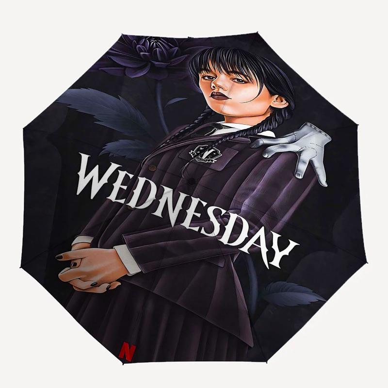 1pc Wednesday Addams Netflix Automatic Open Close Umbrella with 8-Rib Windproof Canopy Compact Portable Travel Umbrella10289