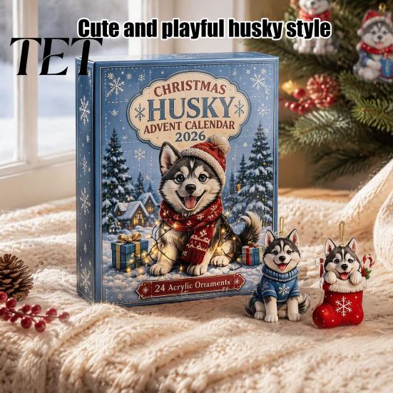 Acrylic Pendant Box Husky Christmas Advent Calendar 2026 with 24 Unique Pendants for Tree Decorations, Party Favor Cute Dog Themed Holiday Countdown