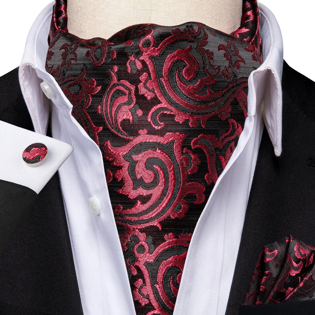 Mens Ascot Tie Set Paisley Cravats Red Black Blue Gold Pink Silk Vintage Scarf