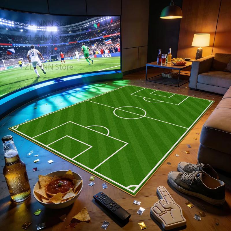 Football Pitch Shaped Large Area Rug Non Slip Stain Resistant Mat Sports Fan Party Game Room Living Room Home Decor