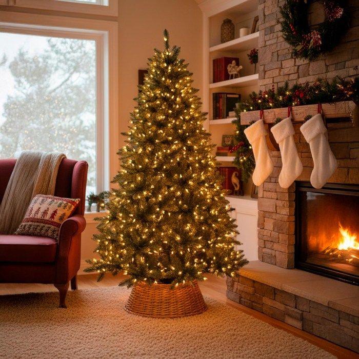 Housse pour pied de sapin de Noël - SPRINGOS - Panier en osier - 58 cm - Marron clair - Rond