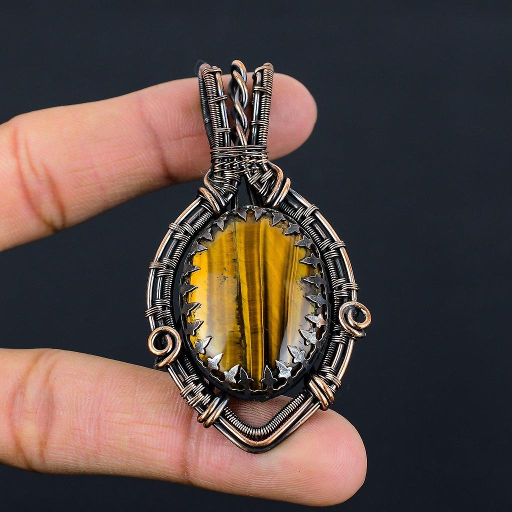 Tiger Eye Gemstone Pure Copper Wire Wrapped Handmade Pendant Jewelry