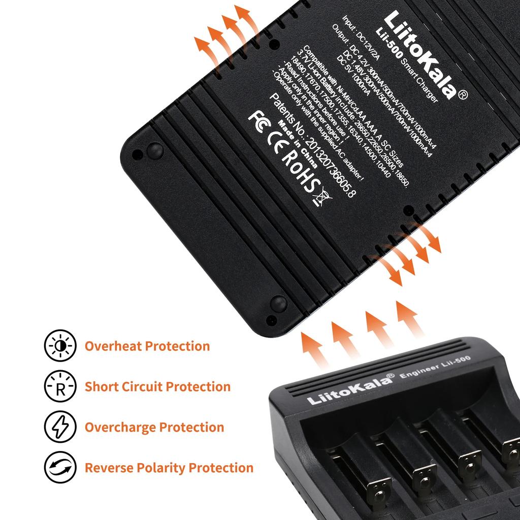 Умное зарядное устройство LiitoKala Lii-500 для 18650/26650/AA/AAA/Ni-MH/Li-ion, ЖК-дисплей, Тестер емкости, Независимые слоты, Защита