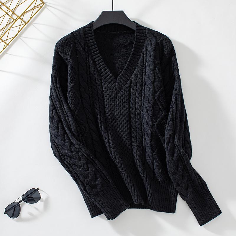 2024 Европейская и Американская Осень И Зима Женская Трикотажная Рубашка V-образный вырез Свободный Однотонный Свитер Из Скрученного Жареного Теста