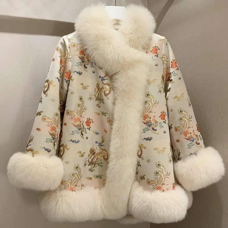 Куртка из искусственного меха лисы средней длины, женская, придворная, знаменитость, атласный костюм Тан, средней длины, с пухом и бусинами