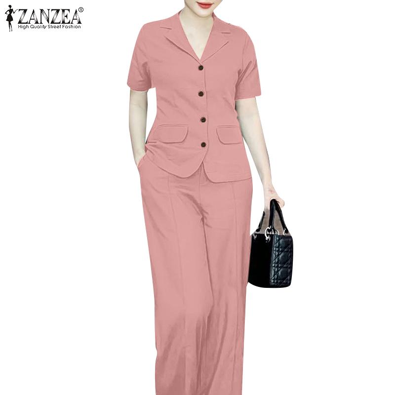 ZANZEA Women Short Sleeve Blouse and Pants Casual Two Piece Sets