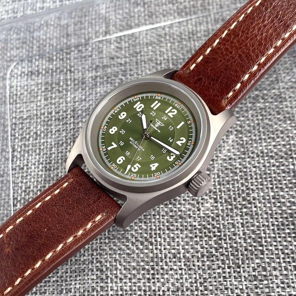 36mm Titanium Case Sapphire Grass 20ATM Diver NH35A PT5000 Auto Pilot Mens Military Watch Leather 63.7g Vintage Sunburst Dial