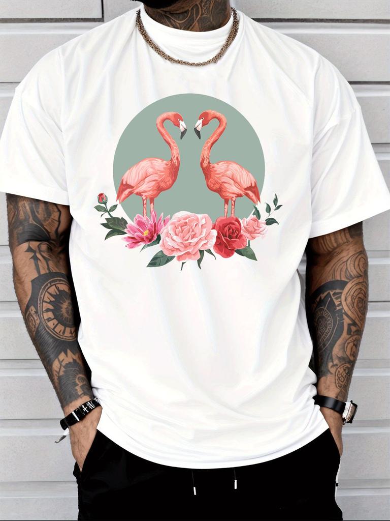 Unisex Black Crew Neck Tee Twin Flamingo Rose Floral Print Loose Oversized Short Sleeve Unisexs Summer Streetwear Casual Basic Top